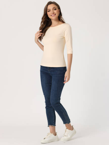 Allegra K- Elbow Sleeves Round Neck Slim Fit Tee