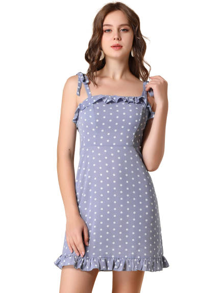 Allegra K- Polka Dots Spaghetti Strap Ruffle Flare Mini Dress