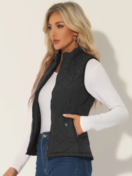 Allegra K- Stand Collar Lightweight Gilet Quilted Zip Vest