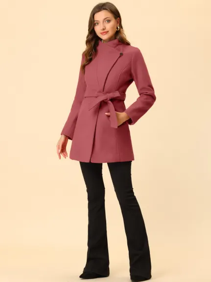 Allegra K- Classic Stand Collar Belted Long Coat