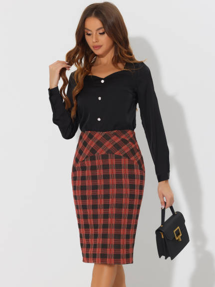 Allegra K- Elastic High Waist Knee Length Plaid Pencil Skirt