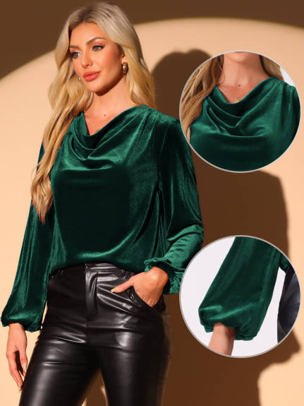 Allegra K - Cowl Neck Lantern Long Sleeve Velvet Blouse