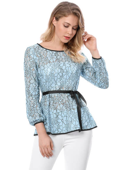 Allegra K- Tie Waist Lace Peplum Blouse