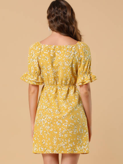 Allegra K- Square Neck Pocket Floral A-Line Dress