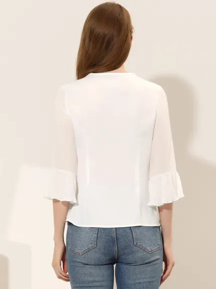 Allegra K- Bow Tie Neck Sheer 3/4 Sleeve Chiffon Blouse