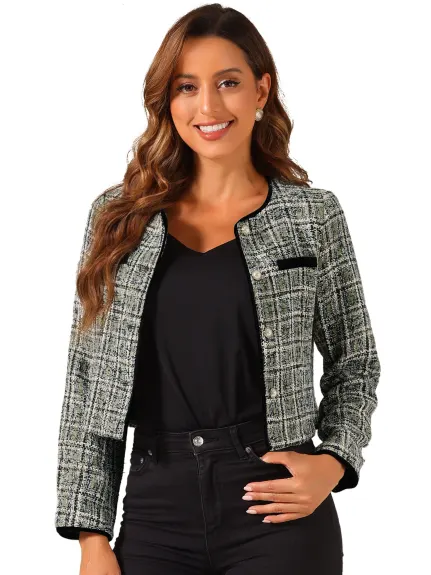 Allegra K- Tweed Plaid Short Jacket