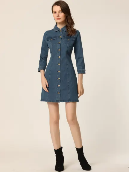 Allegra K- Robe chemise slim en jean à manches 3/4