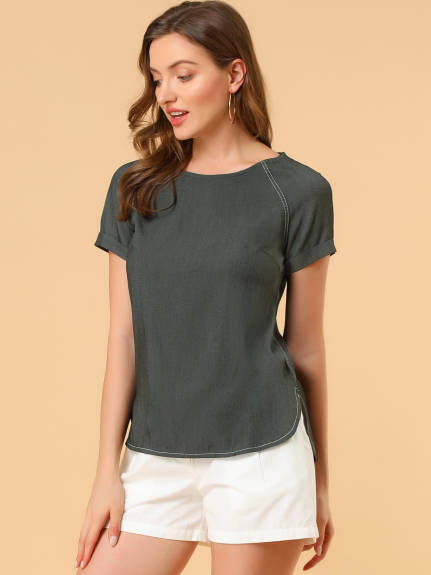 Allegra K- Round Neck Raglan Sleeve Side Slit Blouse