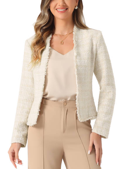 Allegra K - Long Sleeve Plaid Tweed Short Blazer