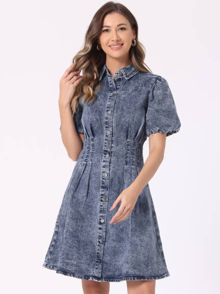 INSPIRE CHIC - Puff Short Sleeve Button Down Jean Dress