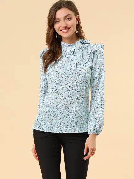 Allegra K- Side Bow Tie Neck Ruffled Floral Blouse