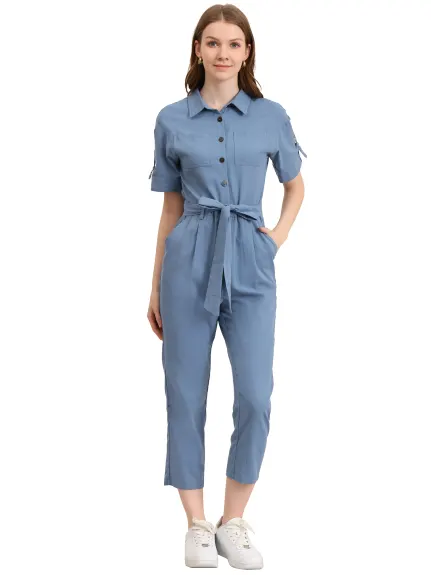 Allegra K- Turndown Collar Button up Tie Waist Cargo Jumpsuit