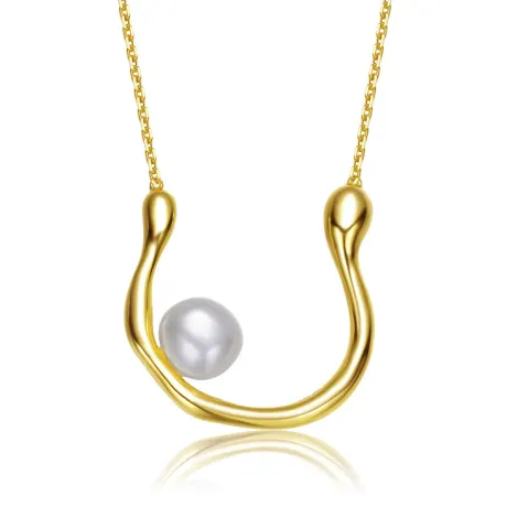 Genevive Sterling Silver 14k Gold Plated with Genuine Freshwater Pearl “U” Necklace