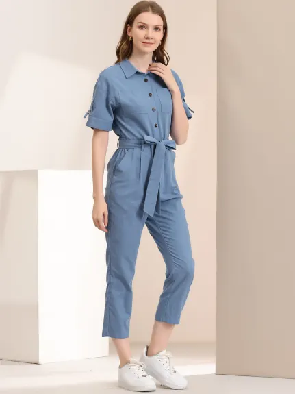 Allegra K- Turndown Collar Button up Tie Waist Cargo Jumpsuit