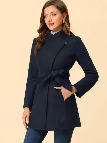 Allegra K- Classic Stand Collar Belted Long Coat