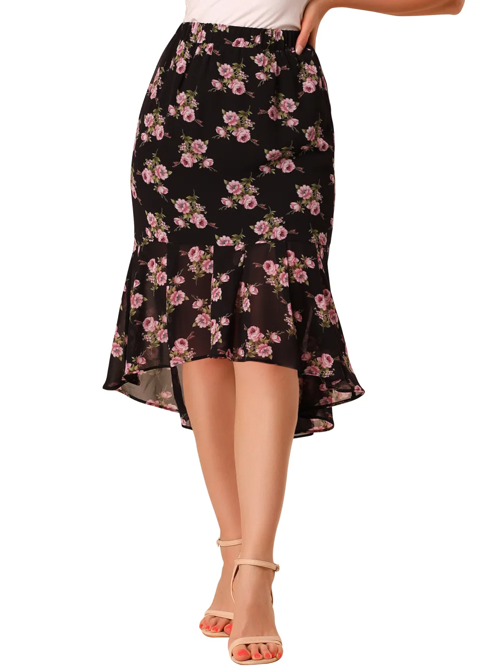 Allegra K- Floral Ruffle Hem Chiffon Midi Skirt