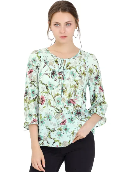 Allegra K- Tie Blouse florale à manches 3/4 et col en V