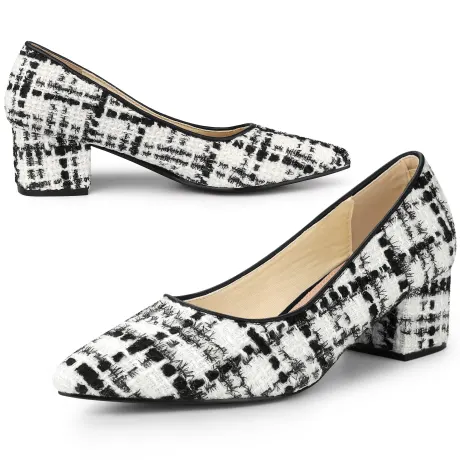 Allegra K - Pointy Toe Tweed Plaid Knitted Printing Block Heel Pump