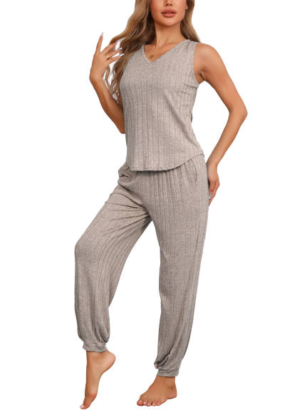 Cheibear - Sleeveless Tops with Pants Ribbed Pajama Set