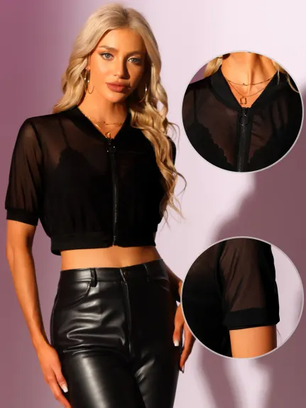 Allegra K- Cropped See Through Zip Up veste en maille transparente