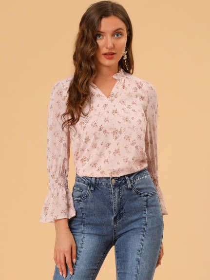 Allegra K- Smocked Sleeve V-Neck Chiffon Floral Blouse