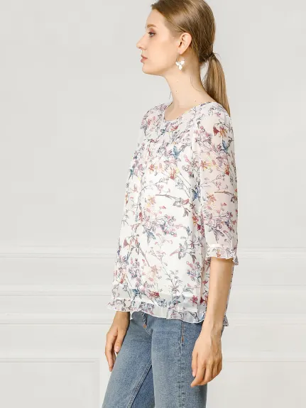 Allegra K- Blouse florale en mousseline à manches 3/4 et à volants