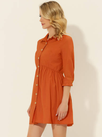 Allegra K- 3/4 Sleeve Button Up Flare Shirt Dress