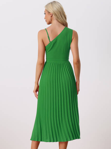 Allegra K- Pleated One Shoulder Cinched Waist Dress