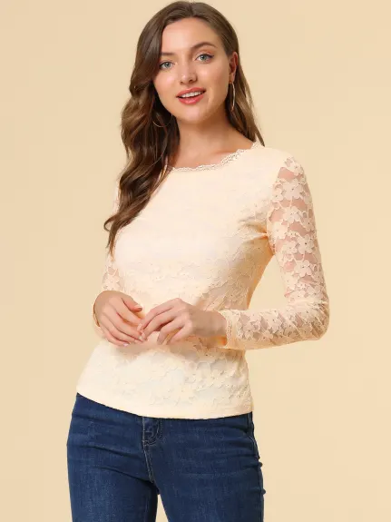 Allegra K- Round Neck Long Sleeve Embroidery Lace Blouse