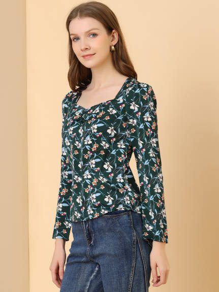 Allegra K - Heart Neck Long Sleeve Floral Satin Blouse