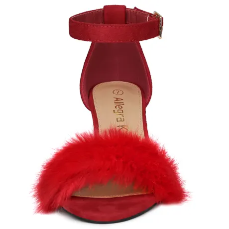 Allegra K- Faux Fur Strap Block Heels Sandals