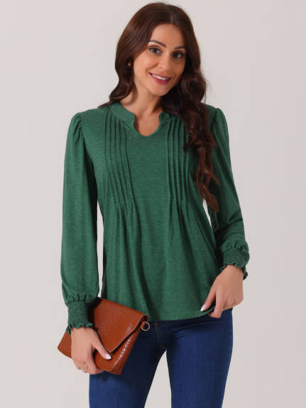 Allegra K - V Neck Long Sleeve Pleated Tunic Blouse