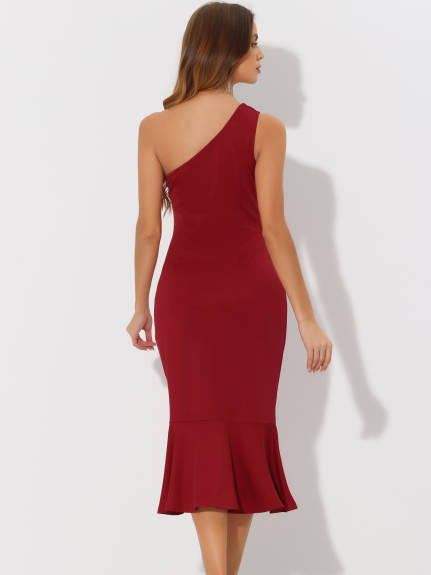 Allegra K- One Shoulder Ruched Fishtail Dress