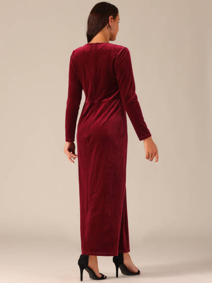 Allegra K - Elegant V-Neck Split Velvet Maxi Dress