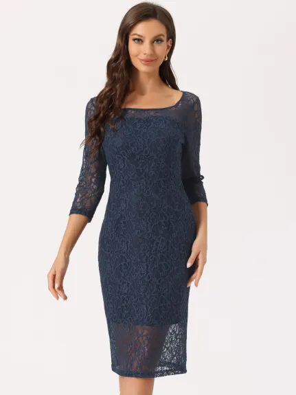 Allegra K- Lace 3/4 Sleeve Square Neck Midi Straight Tired Dress