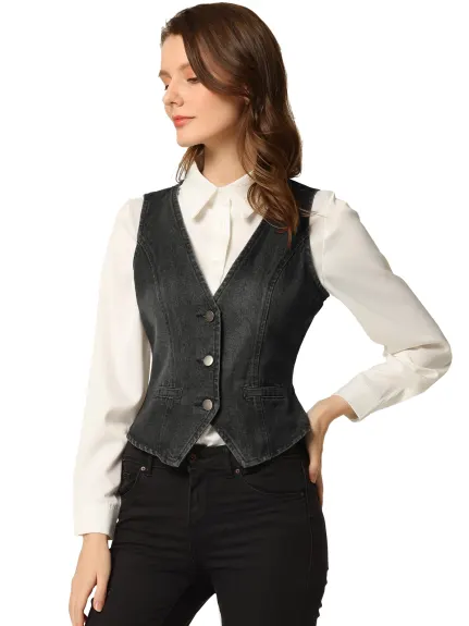 Allegra K - Veste gilet en denim lavé boutonnée à col en V