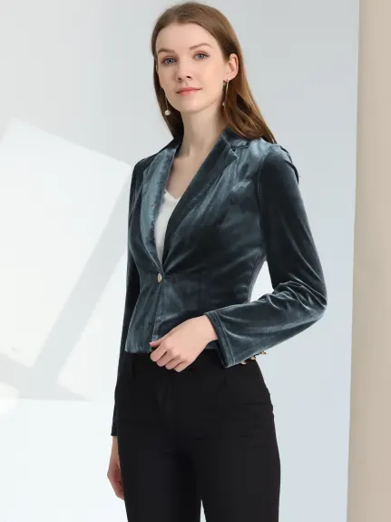 Allegra K- 1 Button Velvet Blazer Lapel Crop Suit Jacket