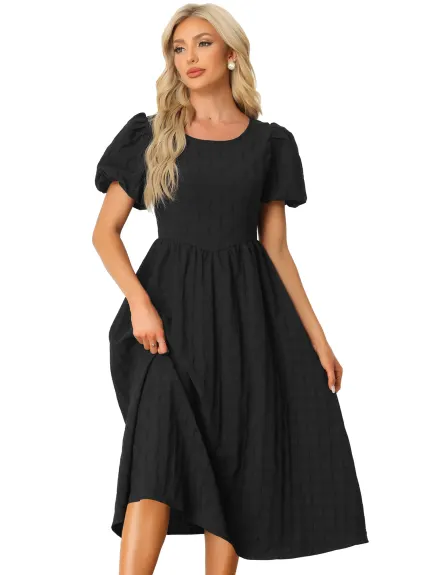 Allegra K- Puff Sleeve Round Neck Textured Dress