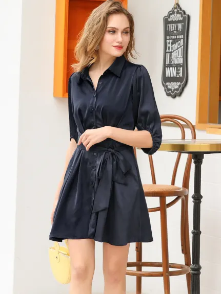 Allegra K- Pleated Waist Belted A-Line Shirt Dress