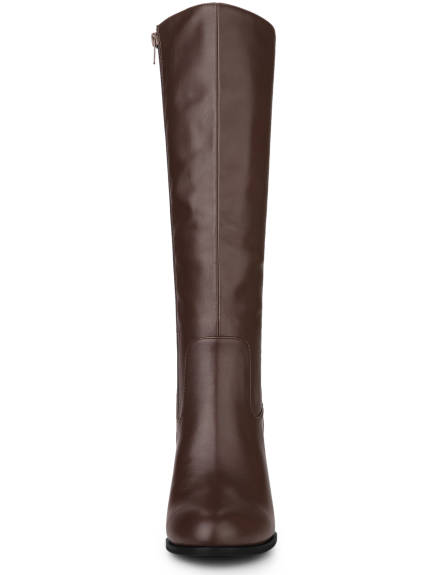 Allegra K- Round Toe Block Heel Faux Leather Knee Boots