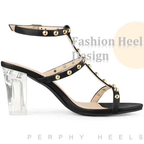 Allegra K- Rivets T-Strap Slingback Clear Heels Sandals