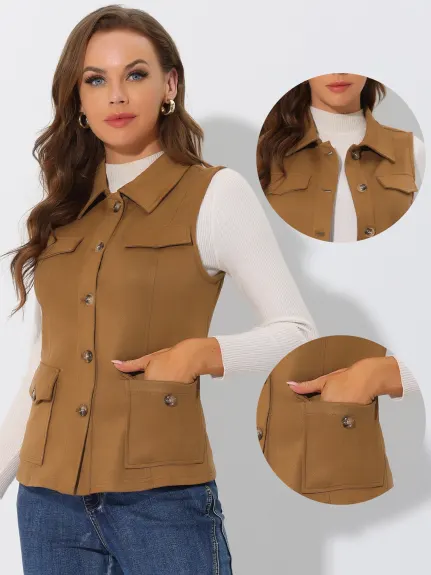 Allegra K- veste en daim Faux veste boutonnée avec poche Cargo