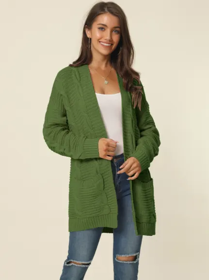 Allegra K- Cardigan pull ouvert sur le devant en tricot torsadé avec poches