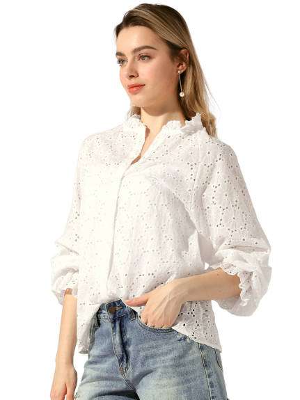 Allegra K- Boho Hollow-Out Ruffled Collar Eyelet Blouse