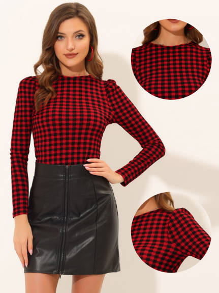 Allegra K- Puff Sleeve Knit Plaid Pullover Top