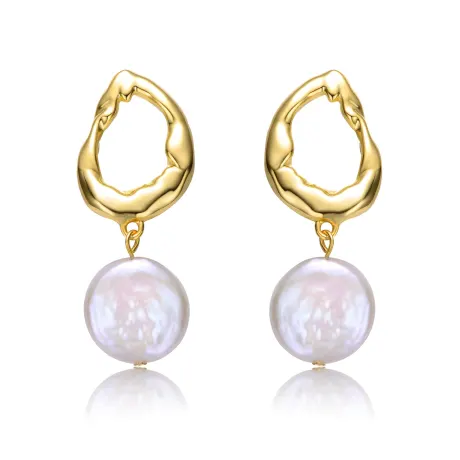 Genevive Sterling Silver 14k Yellow Gold Plated with White Coin Pearl Twisted Halo Circle Dangle Drop Earrings