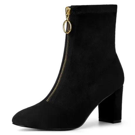 Allegra K - Faux Suede Square Toe Block Heel Ankle Boot