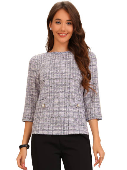 Allegra K - 3/4 Sleeve Tweed Plaid Top