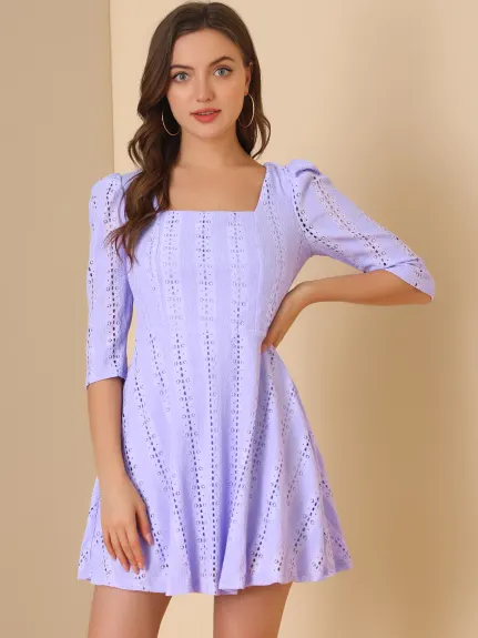 Allegra K- Square Neck Lace Puff Sleeve Dress