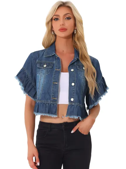 Allegra K- Veste en jean à manches courtes et volants